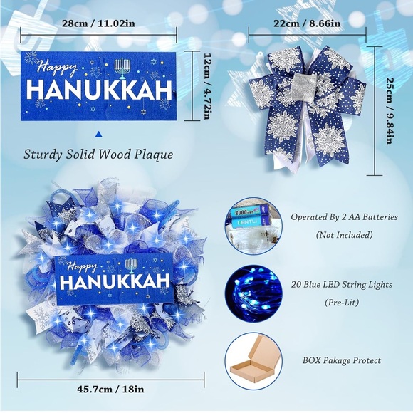 Happy Hanukkah🕎Chanukah🕎Lighted Door 18 inch Wreath w Bows🎀 - Picture 2 of 12